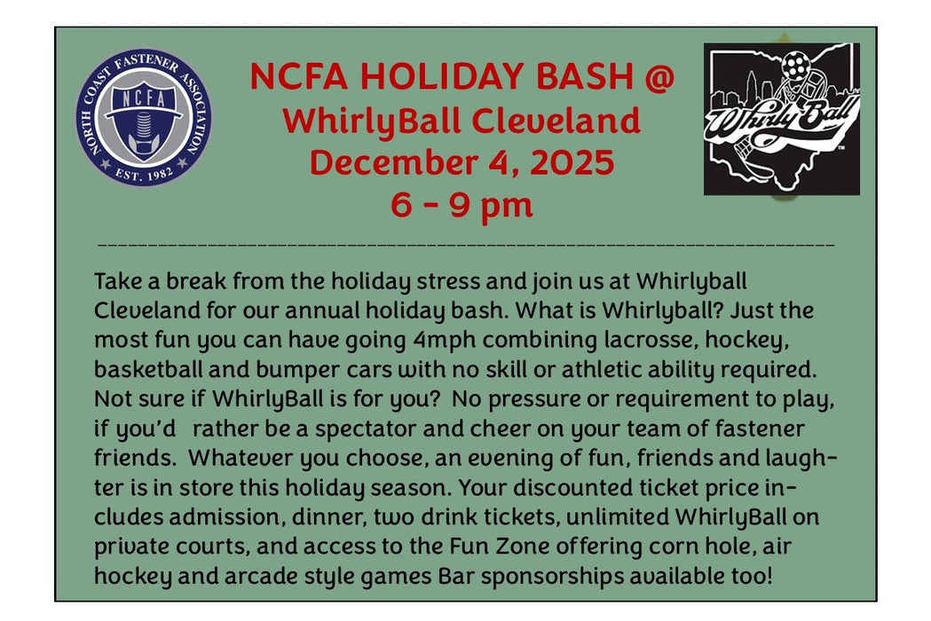 Advertisement for NCFA Holiday Bash at WhirlyBall Cleveland with event details.